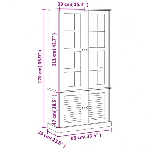 Glasskab VIGO 85x35x170 cm i massivt fyrretræ - grå