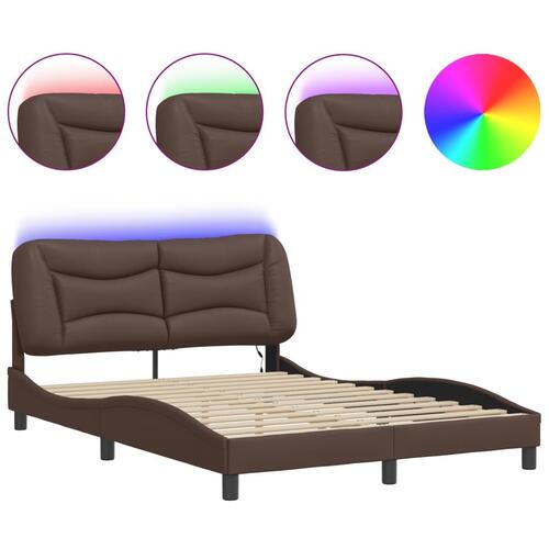Sengeramme med LED-lys 140x190 cm kunstlæder brun