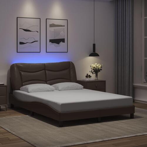 Sengeramme med LED-lys 140x190 cm kunstlæder brun
