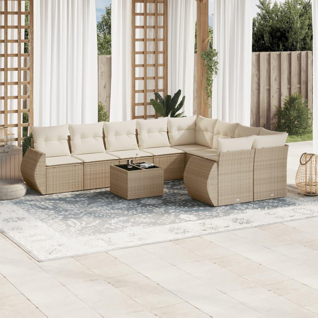 Havesofasæt 10 dele i polyrattan med hynder og bord - beige billede