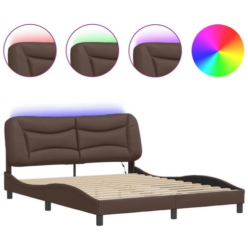 Sengeramme med LED-lys 160x200 cm kunstlæder brun