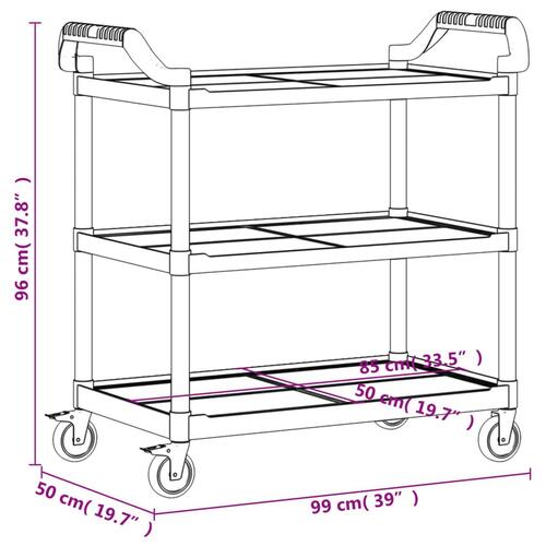 Vogn med 3 hylder 99x50x96 cm aluminium sort