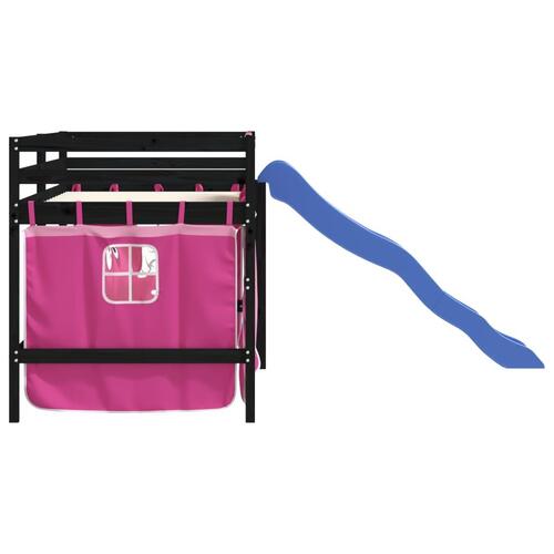 Højseng med gardiner 80x200 cm massivt fyrretræ pink