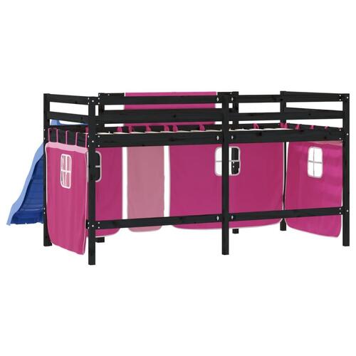 Højseng med gardiner 80x200 cm massivt fyrretræ pink