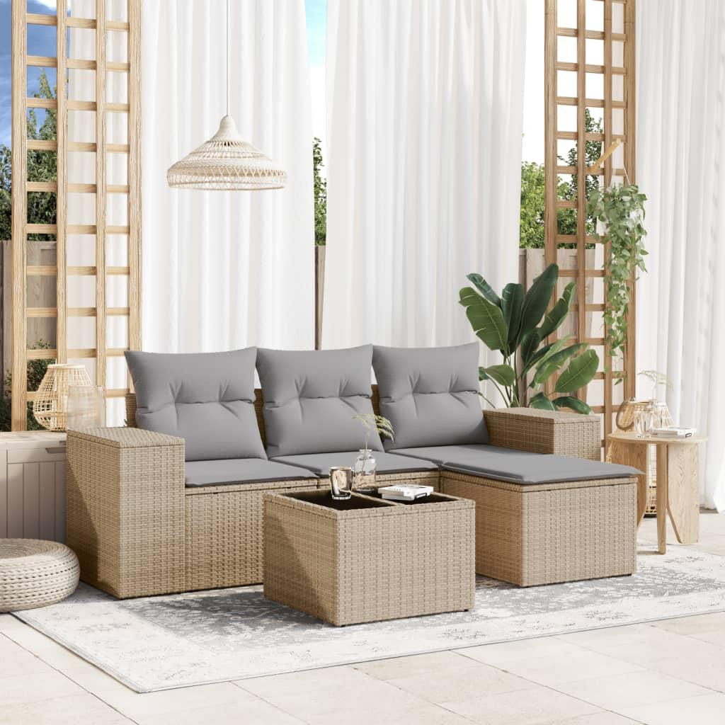 Sofasæt Til Haven 5 Dele Med Hynder Polyrattan - beige og grå / Med bord