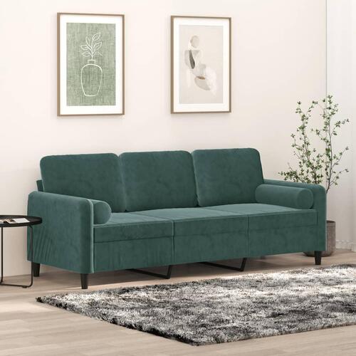 3-personers sofa med pyntepuder 180 cm velour mørkegrøn