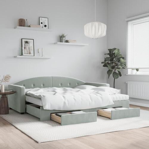 Daybed med udtræk og skuffer 90x200 cm velour lysegrå