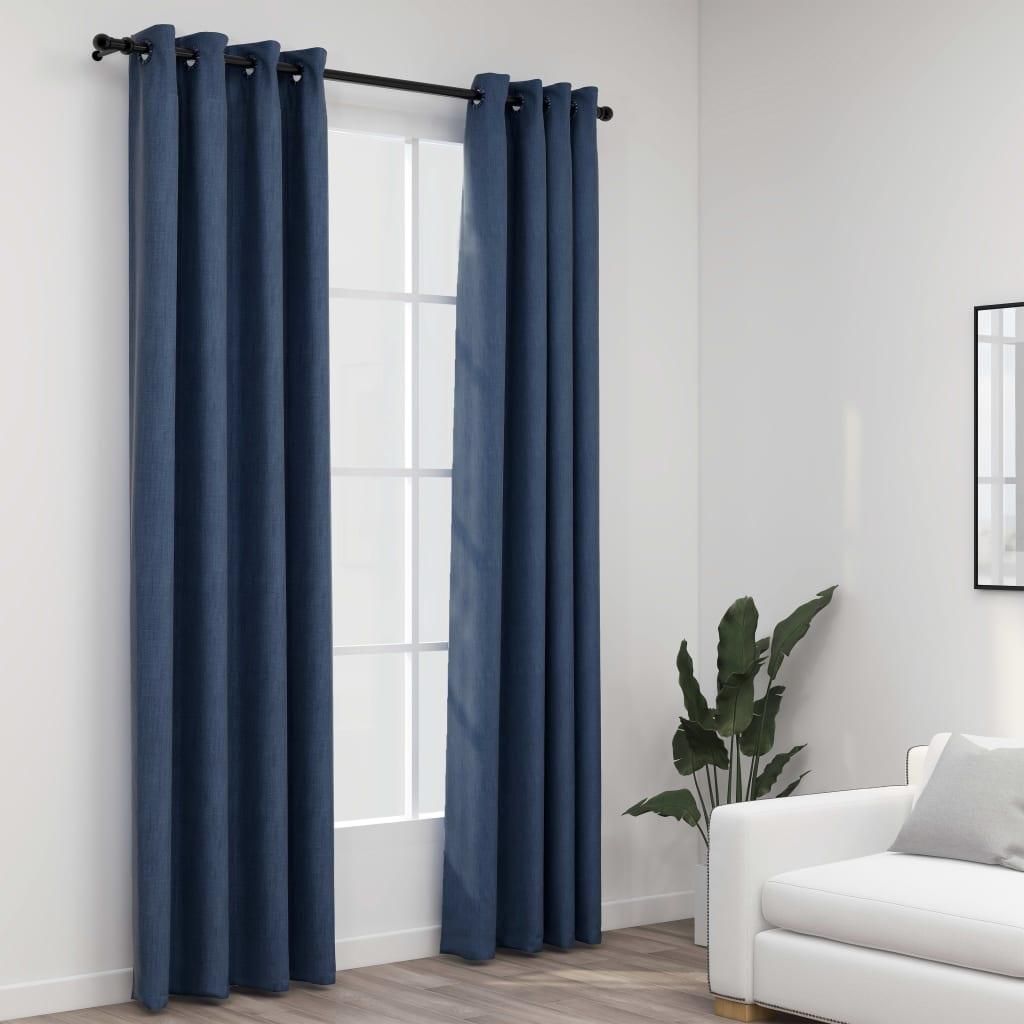 Lysdæmpende gardiner med øjer 2 stk. hør-look 140x225 cm blå