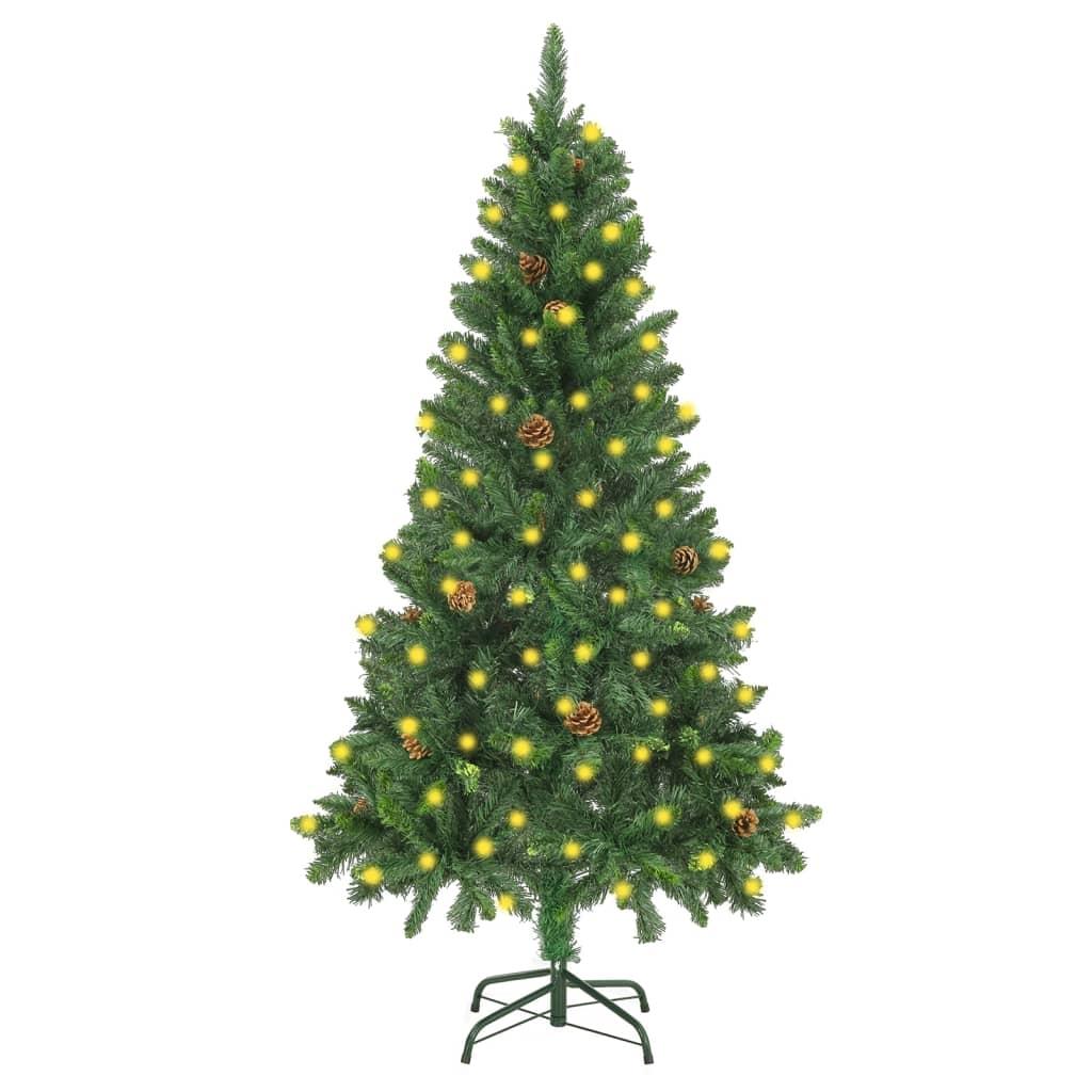 Kunstigt juletræ med lys og grankogler 150 cm grøn