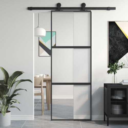 Skydedør 76×205 cm - hærdet glas og sort aluminium