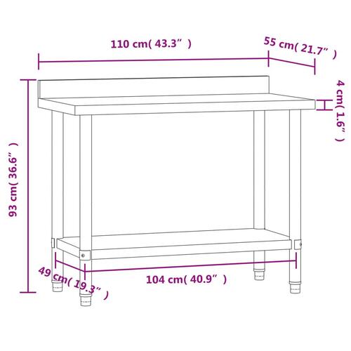 Arbejdsbord til køkken m. stænkplade 110x55x93 cm rustfrit stål