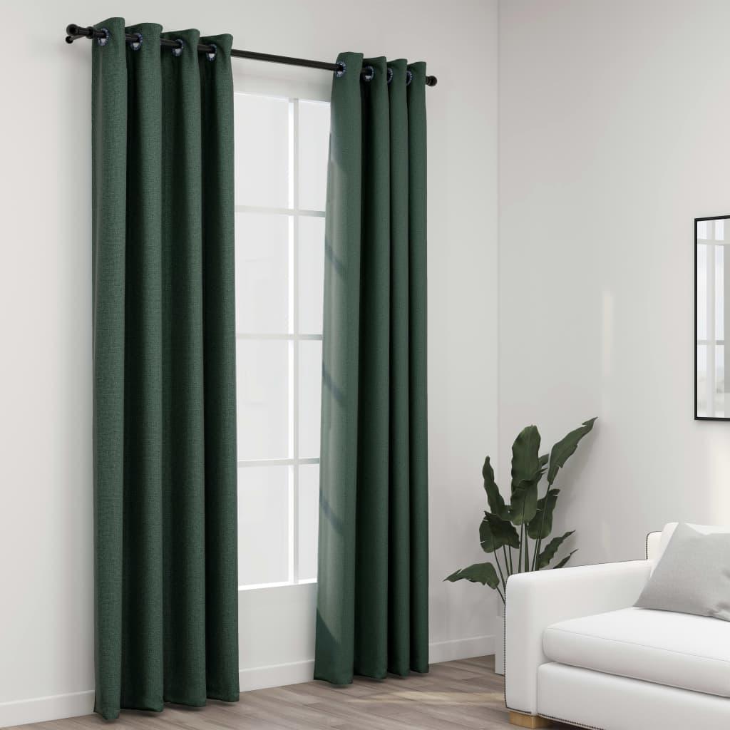 Lysdæmpende gardiner med øjer 2 stk. hør-look 140x245 cm grøn