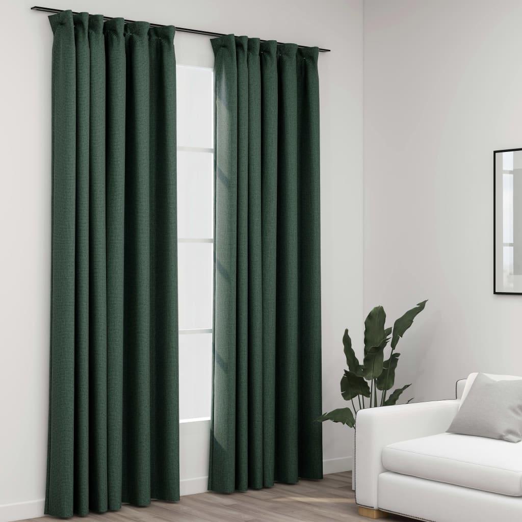 Lysdæmpende gardiner med kroge 2 stk. hør-look 140x225 cm grøn
