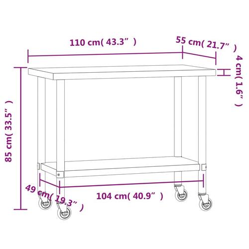 Arbejdsbord med hjul til køkken 110x55x85 cm rustfrit stål