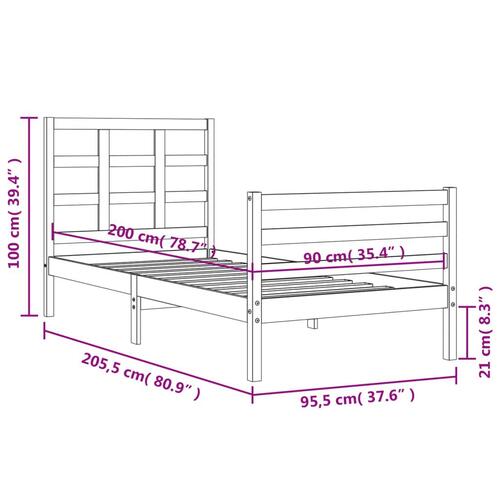 Sengeramme med sengegavl 90x200 cm massivt træ