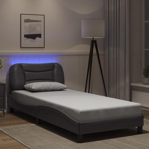 Sengeramme med LED-lys 90x190 cm kunstlæder grå
