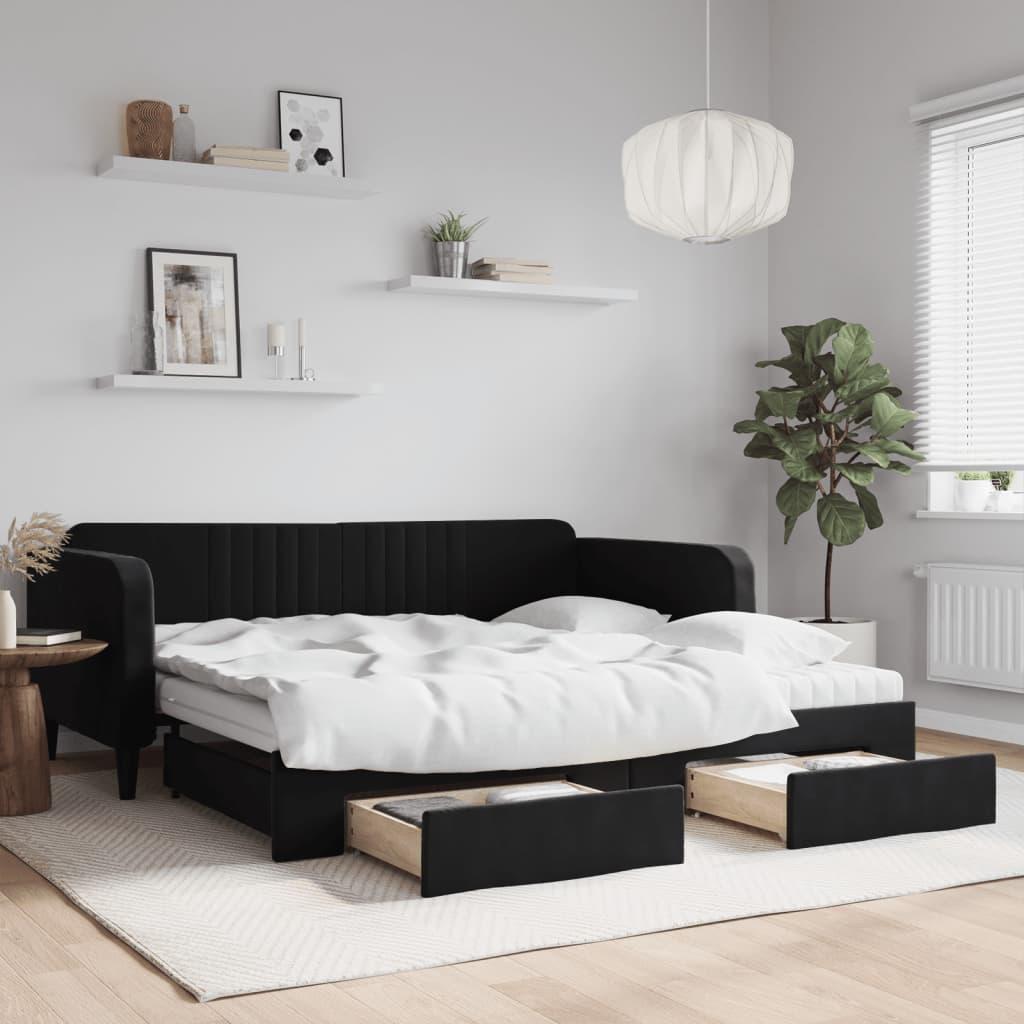 Daybed med udtræk og skuffer 100x200 cm velour sort