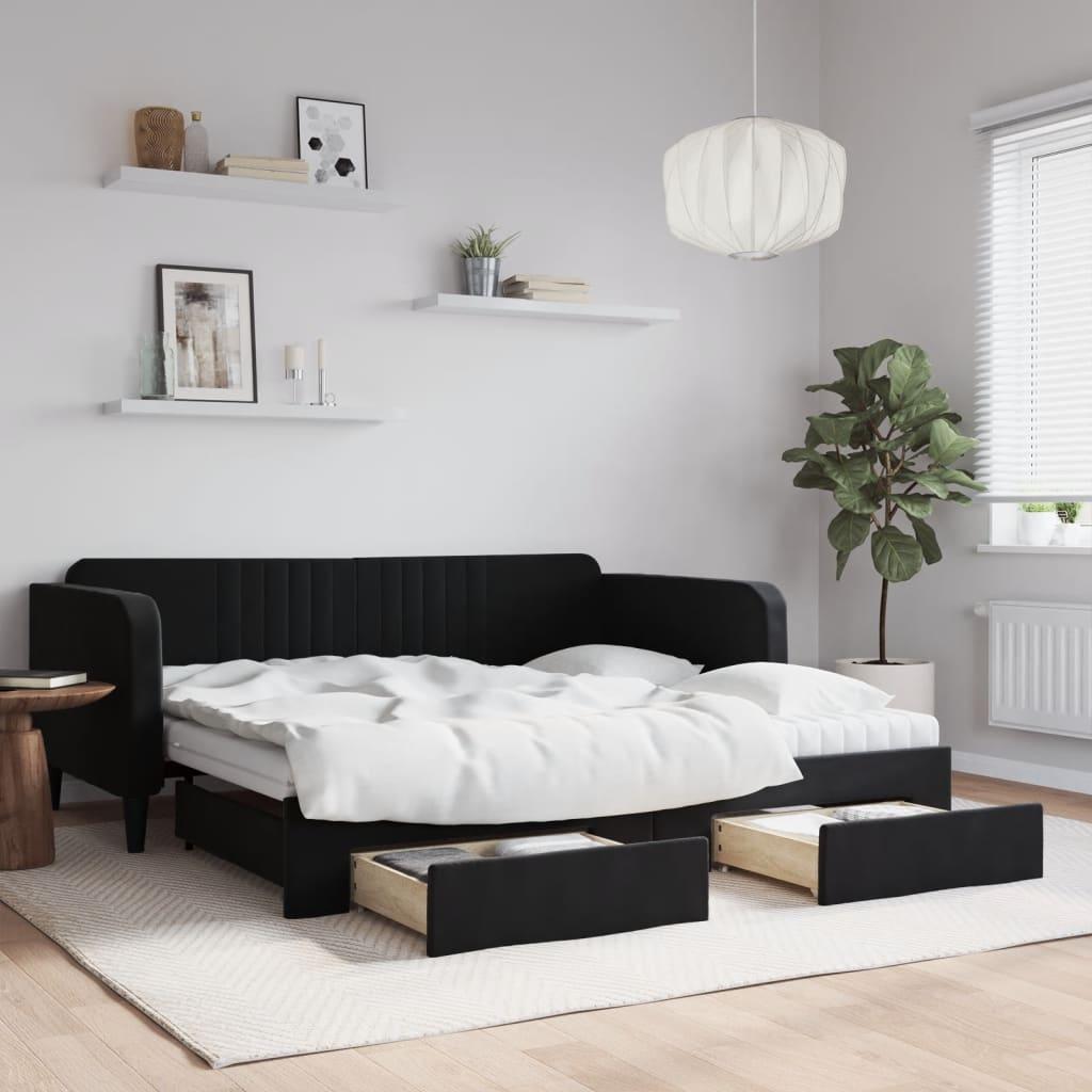Daybed med udtræk og skuffer 90x190 cm velour sort