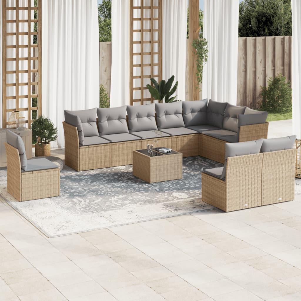 Sofasæt til haven i polyrattan - 11 dele med hynder, beige