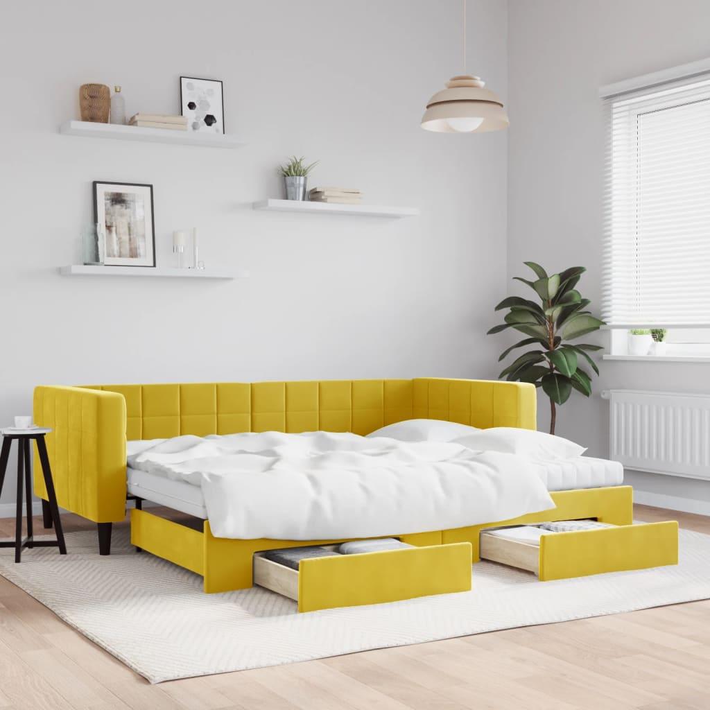 Daybed med udtræk og skuffer 90x200 cm velour gul