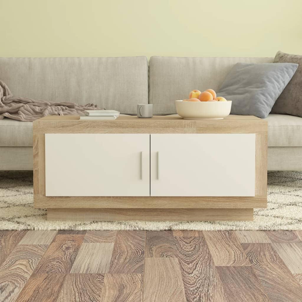 Sofabord 102x50x45 cm konstrueret træ hvid og sonoma-eg