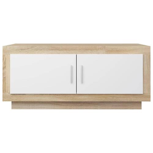 Sofabord 102x50x45 cm konstrueret træ hvid og sonoma-eg