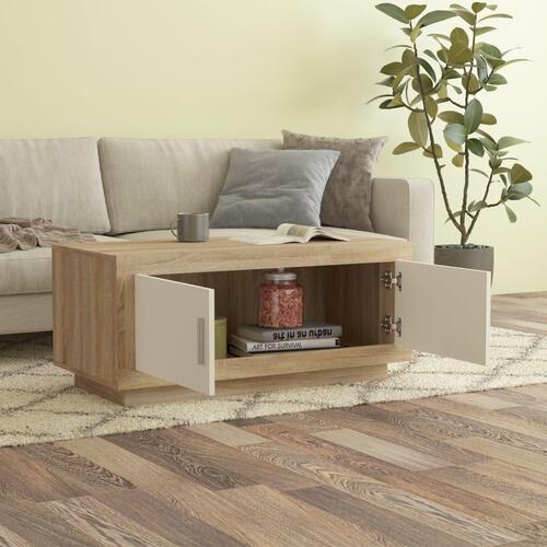 Sofabord 102x50x45 cm konstrueret træ hvid og sonoma-eg