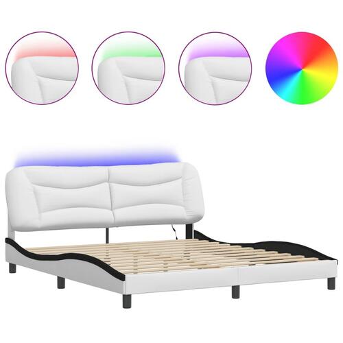Sengeramme med LED-lys 180x200 cm kunstlæder sort og hvid