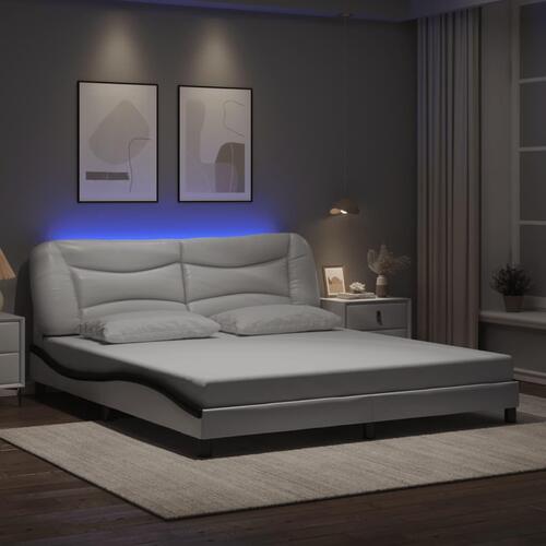 Sengeramme med LED-lys 180x200 cm kunstlæder sort og hvid