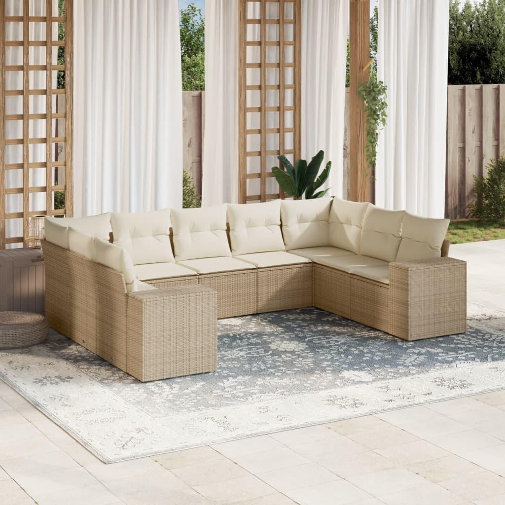 Havesofasæt 9 dele med hynder i polyrattan - beige