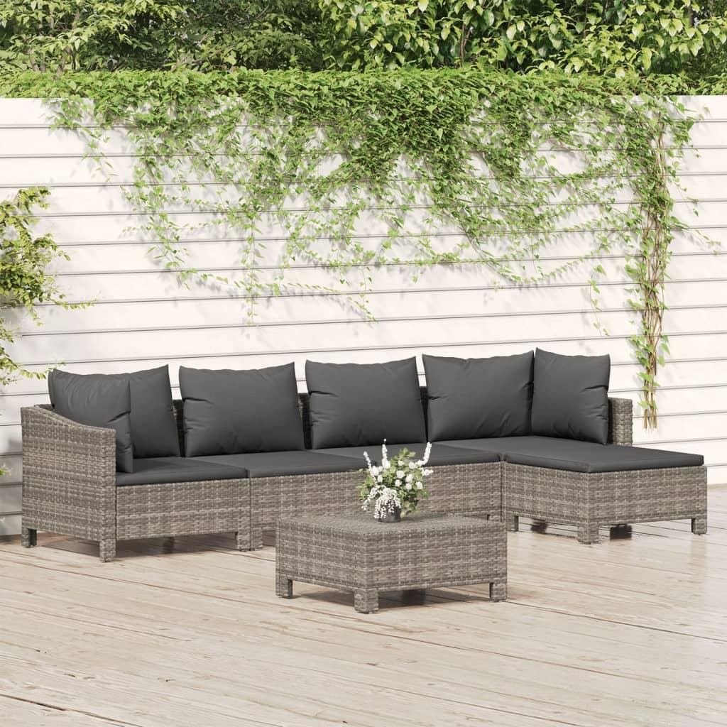 Loungesæt til haven 6 dele med hynder polyrattan grå