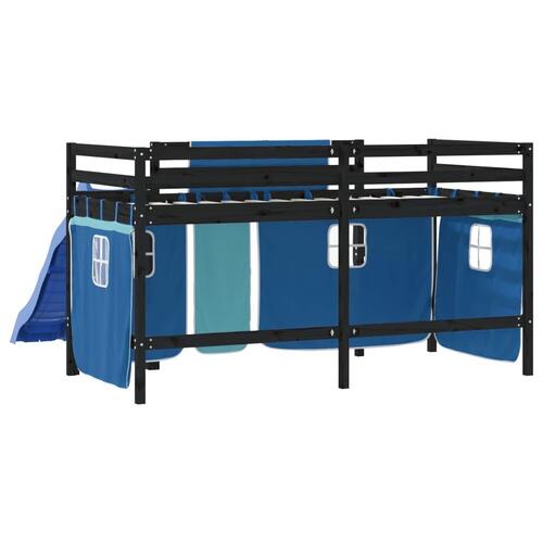 Højseng med gardiner 90x200 cm massivt fyrretræ blå
