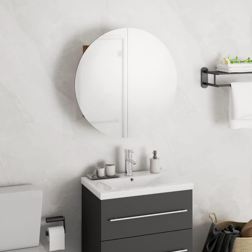 Badeværelsesskab med rundt spejl og LED-lys 40x40x17,5cm egetræ billede