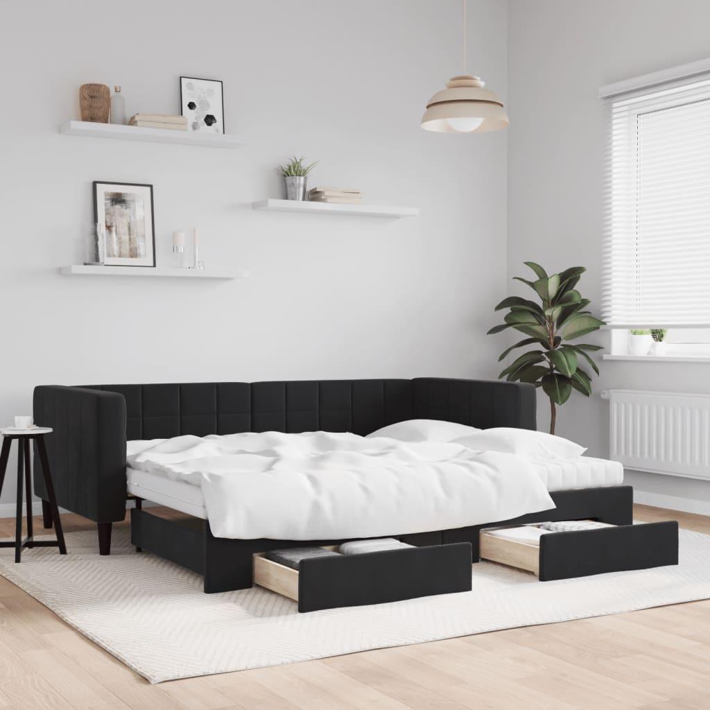 Daybed med udtræk og skuffer 90x190 cm velour sort