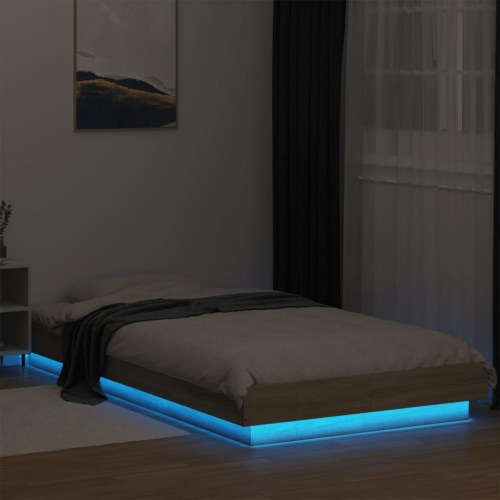 Sengeramme med LED-lys 90x200 cm konstrueret træ sonoma-eg