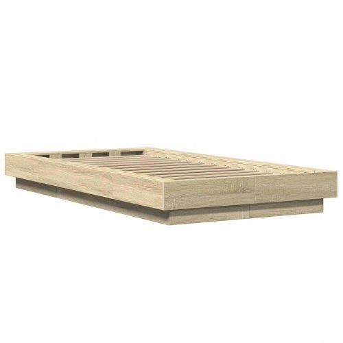 Sengeramme med LED-lys 90x200 cm konstrueret træ sonoma-eg