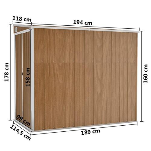 Vægmonteret haveskur 118x194x178 cm galvaniseret stål brun