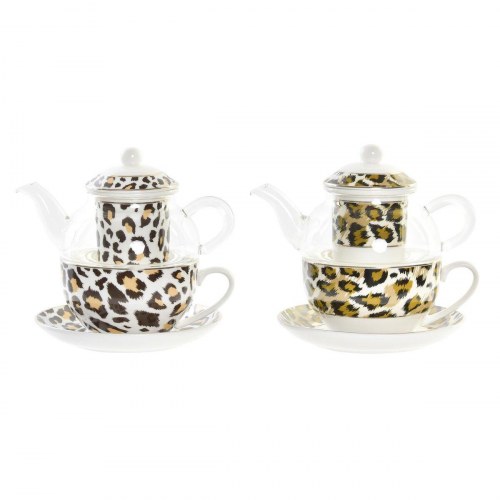 Tekande - Leopard, krystal og porcelæn, brun/gennemsigtig/hvid (2 enheder) 250 ml