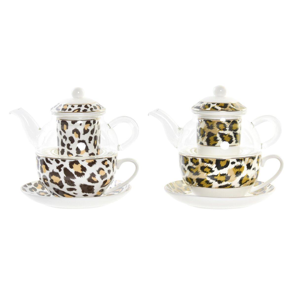 Tekande - Leopard, krystal og porcelæn, brun/gennemsigtig/hvid (2 enheder) 250 ml