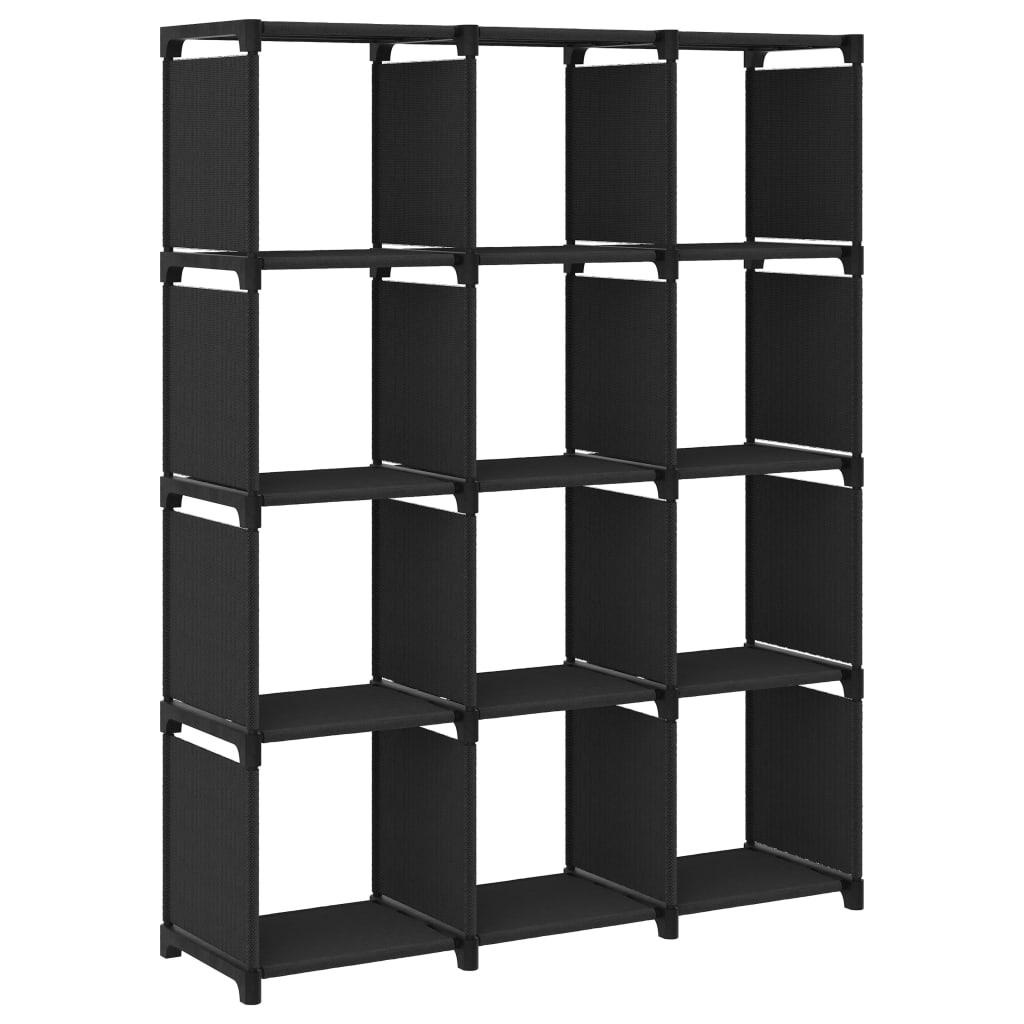 Displayreol med 12 kubeformede rum 103x30x141 cm stof sort