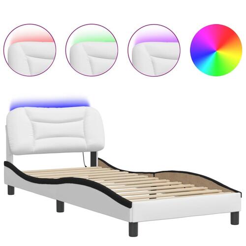 Sengeramme med LED-lys 90x200 cm kunstlæder hvid og sort