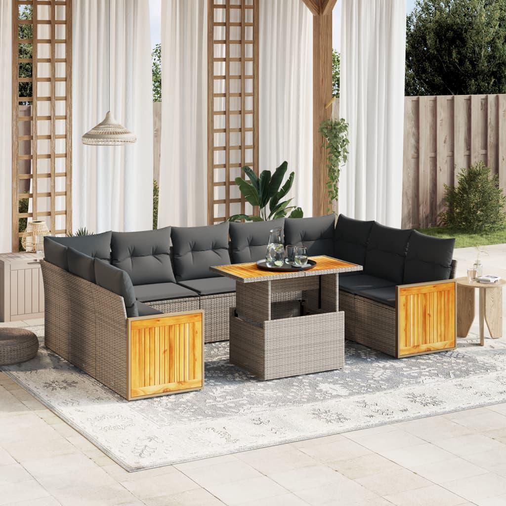 Havesofasæt i polyrattan - 10 dele med hynder, grå