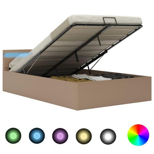 Hydraulisk opbevaringsseng LED 120x200 cm kunstlæder cappuccino