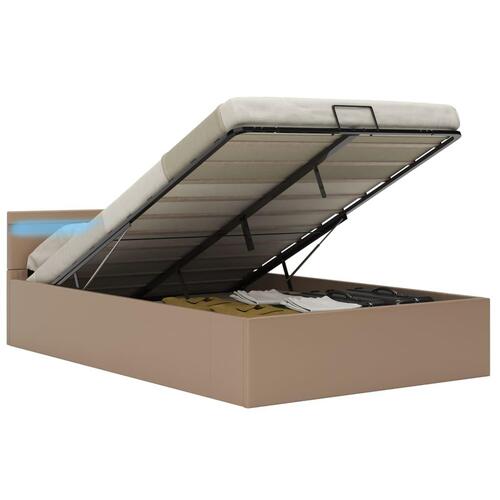 Hydraulisk opbevaringsseng LED 120x200 cm kunstlæder cappuccino