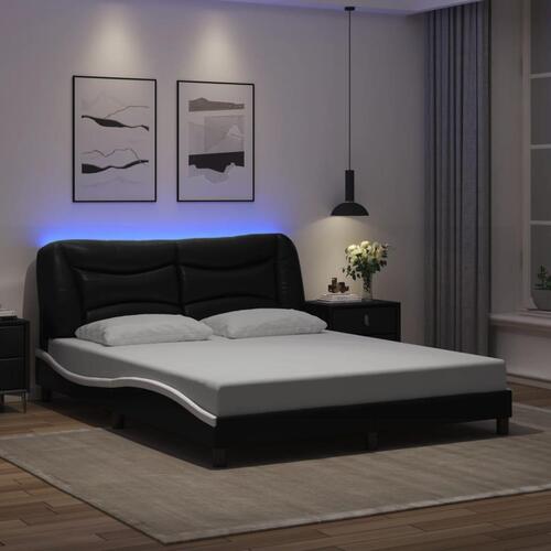 Sengestel med LED-lys 160x200 cm kunstlæder sort og hvid