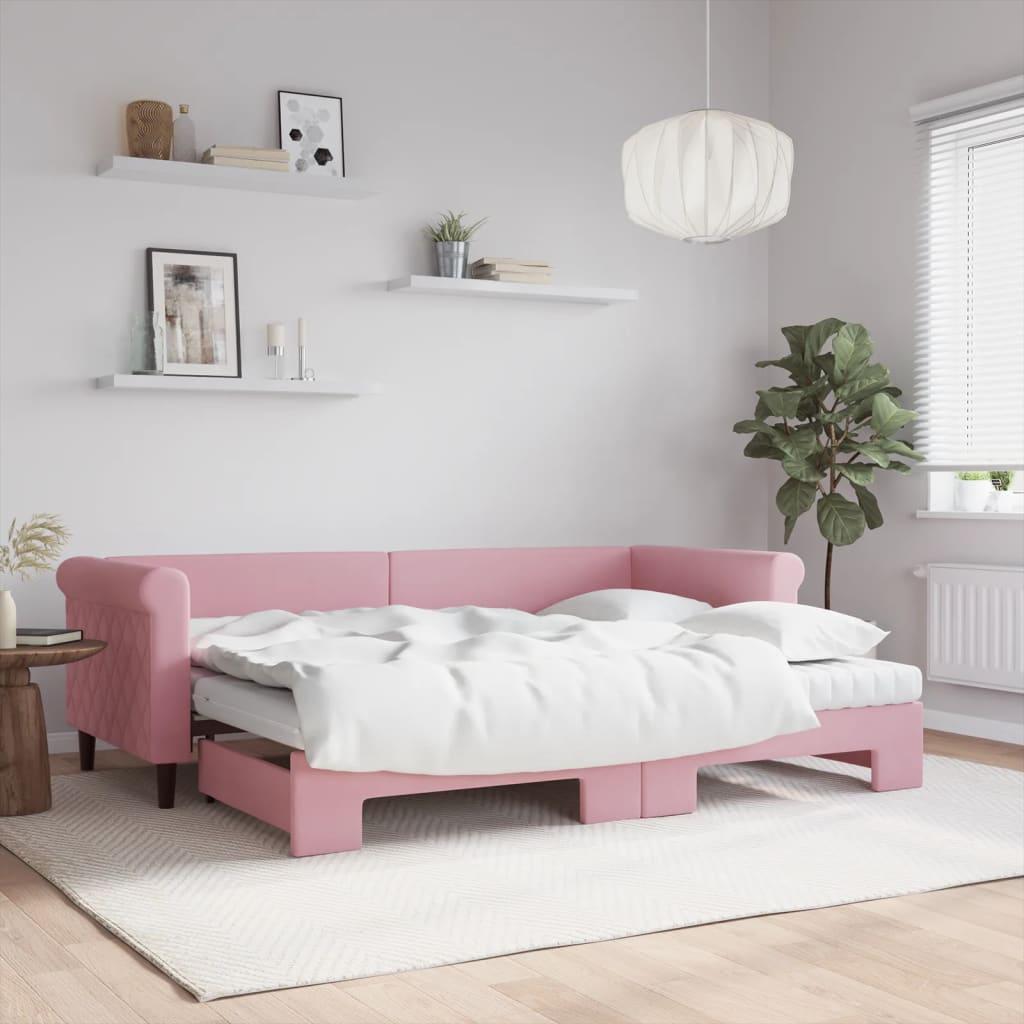 Daybed med udtræk og madrasser 80 x 200 cm velour lyserød