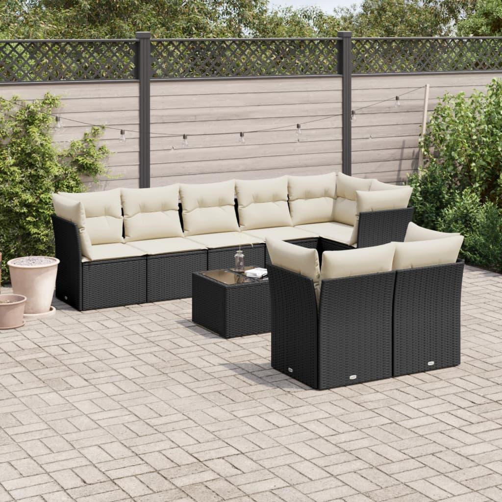 Sofasæt til haven i polyrattan - 9 dele med hynder, sort
