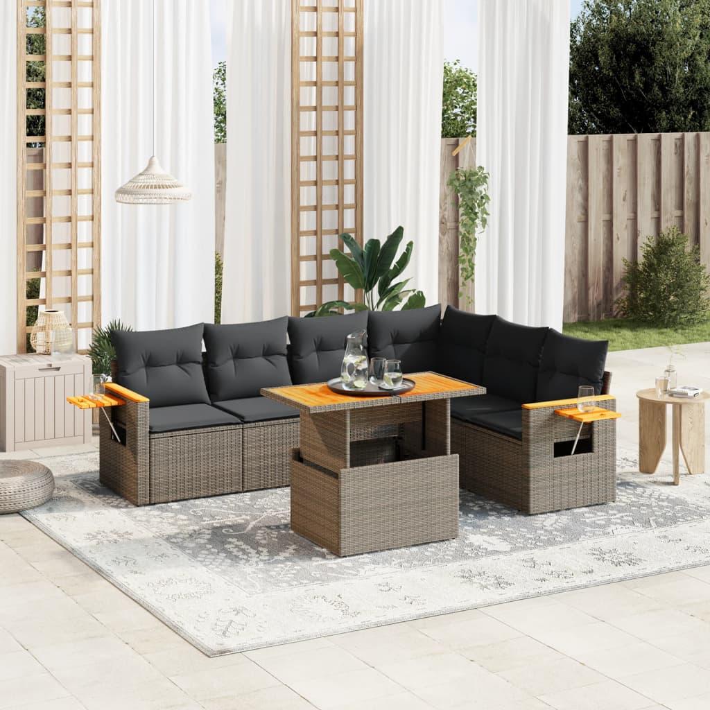 Havesofasæt i polyrattan - 7 dele med hynder, grå