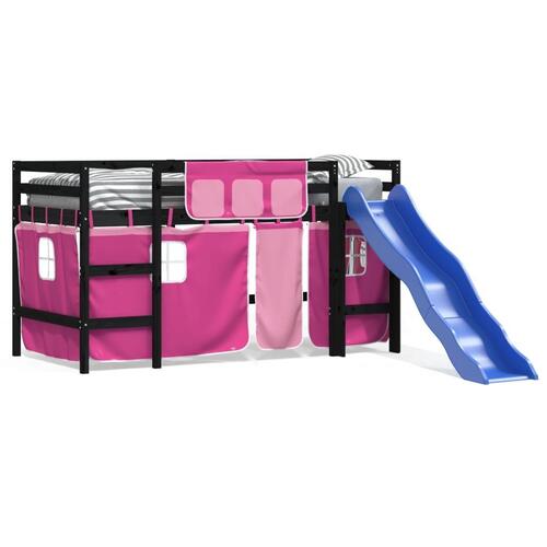 Højseng med gardiner 90x190 cm massivt fyrretræ pink