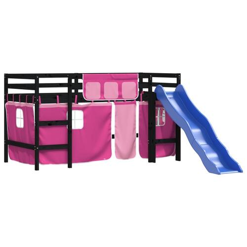 Højseng med gardiner 90x190 cm massivt fyrretræ pink